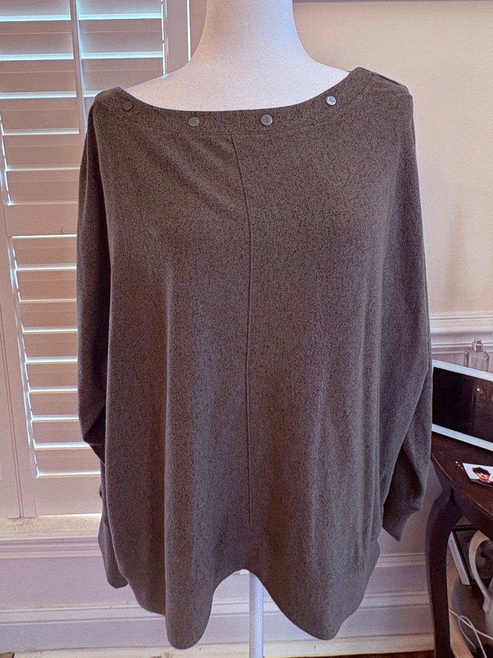 White House Black Market Olive Boatneck Snap-Detail Top